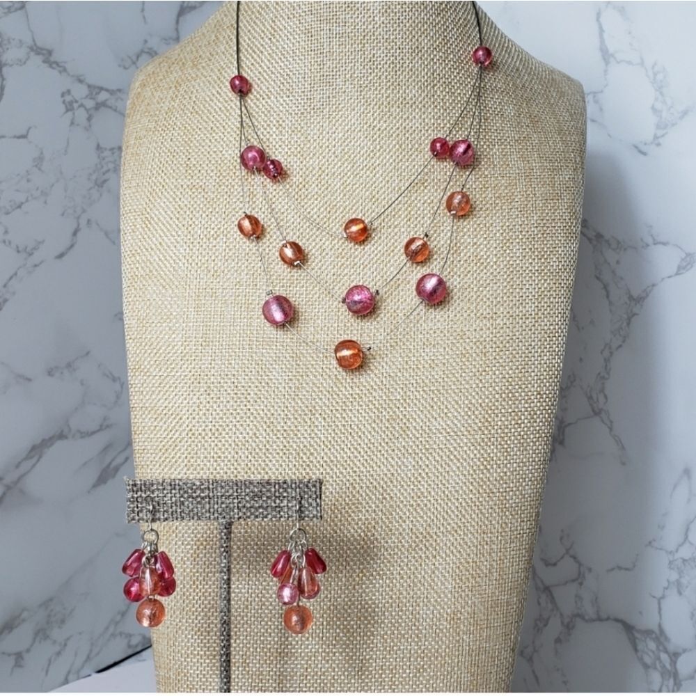 BEADED WIRE Multi-Strand Necklace & French Hook Cluster Earring Set